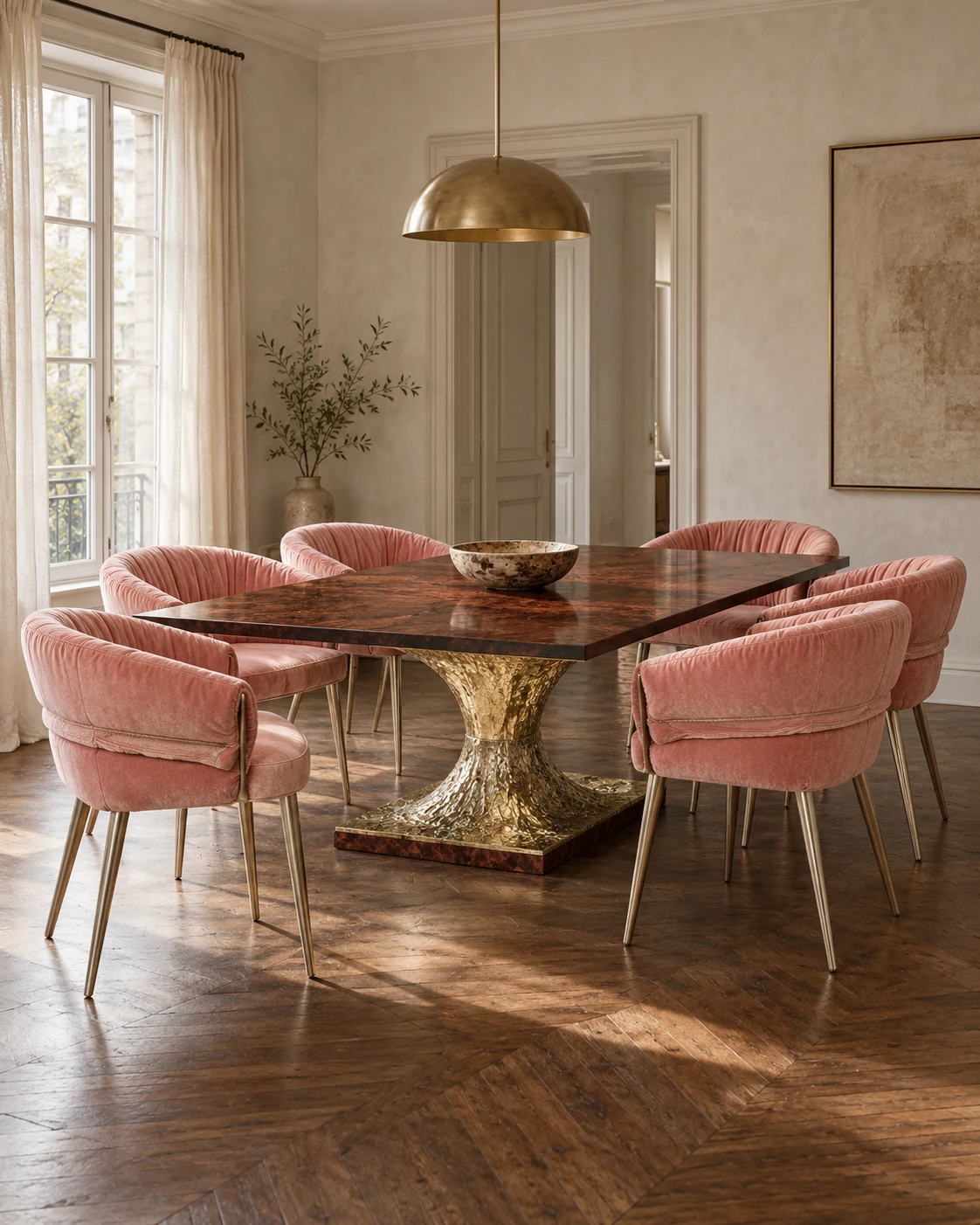 Aurum rectangular dining table and Ruched upholstered chairs from the catalogue in a naturally lit dining room