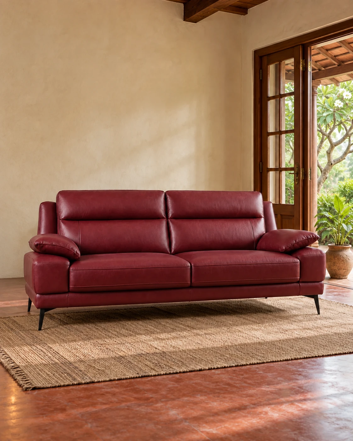 Rimini burgundy leather sofa from the catalogue in an Indian bungalow with a teak-framed veranda doorway