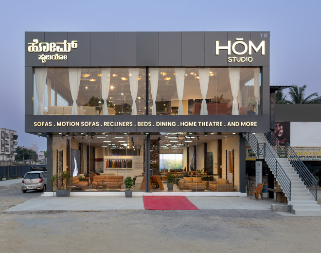 Hom Studio showroom exterior in Bengaluru, with two floors of furniture displays